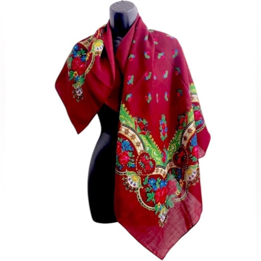Ukrainian Style Floral Vintage Hairwrap Headwear Scarf  40” x 39” NEW